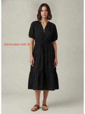 Lost and Wander Black Eyelet Midi Dress with Puff Sleeves Size L